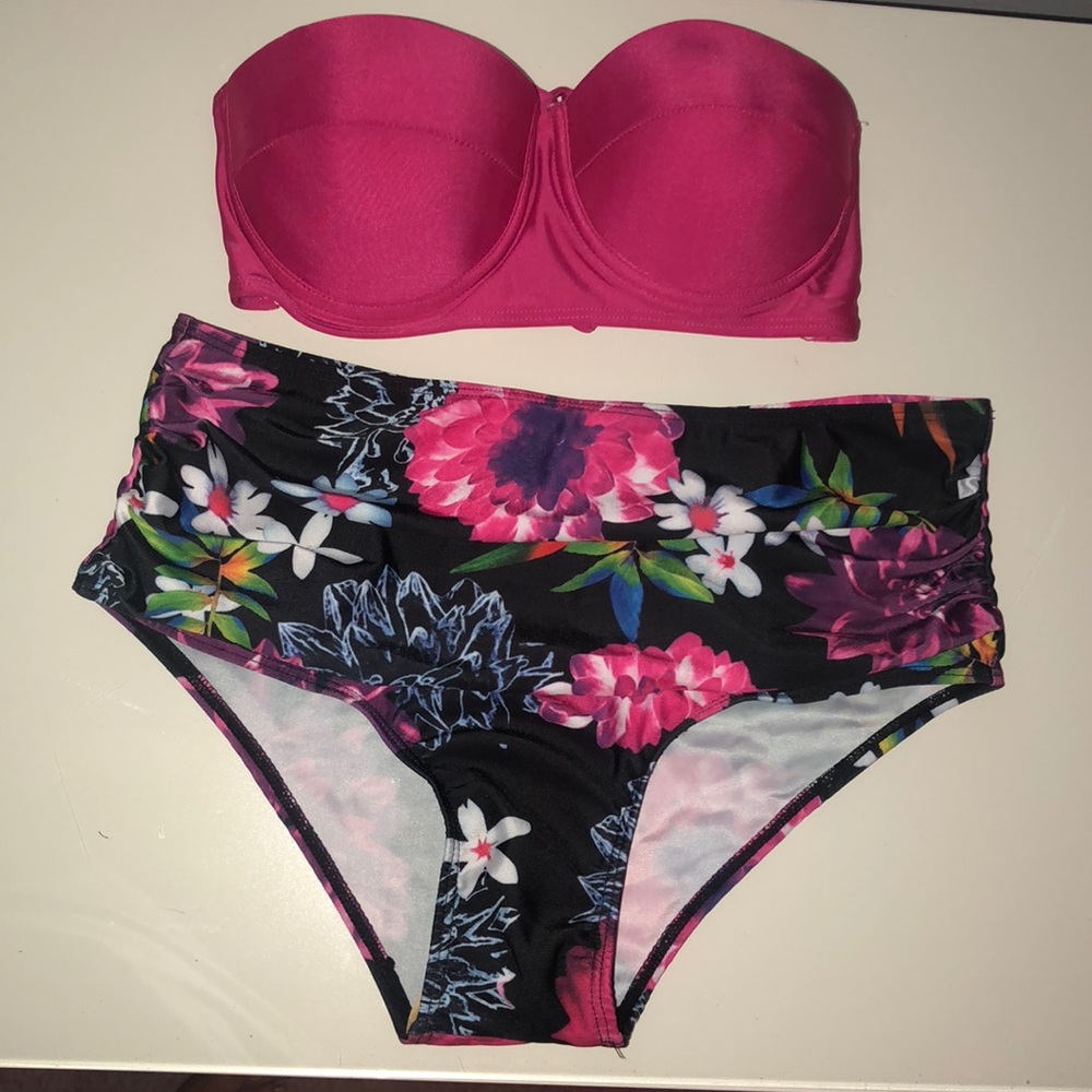 NEW! Pink and Floral Strapless Bathing Suit